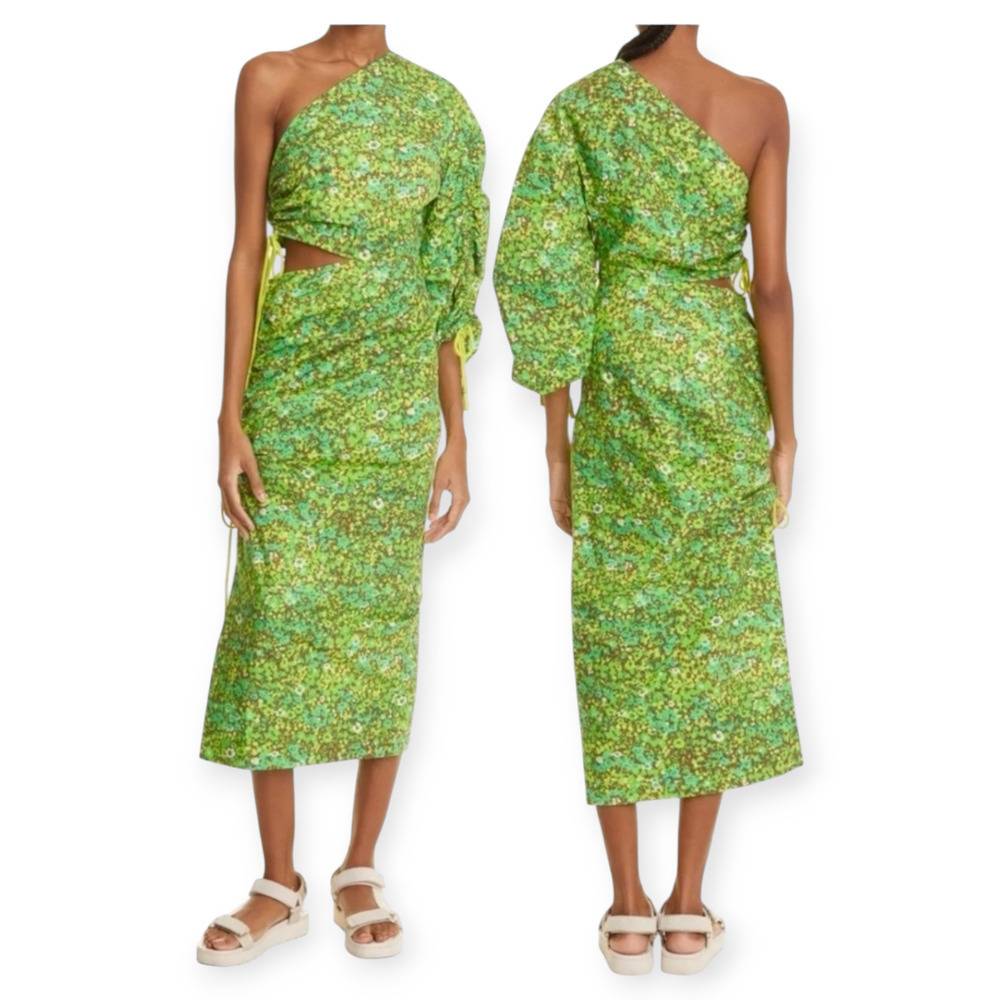 NWT ALEMAIS Phyllis Ruched One Shoulder Green Floral Cotton Midi Dress 0 4